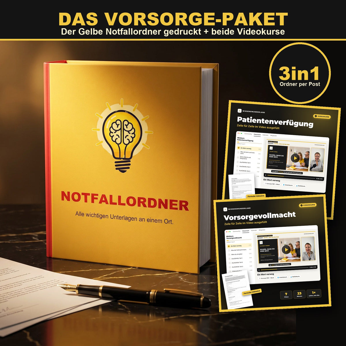 Das Vorsorge-Paket gedruckt: der Gelbe Notfallordner und beide Videokurse