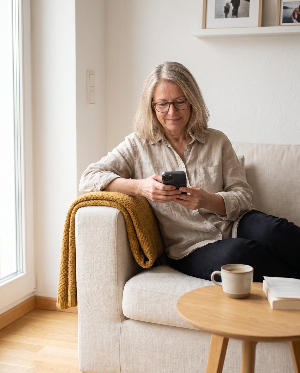Frau liest auf dem Sofa am Handy