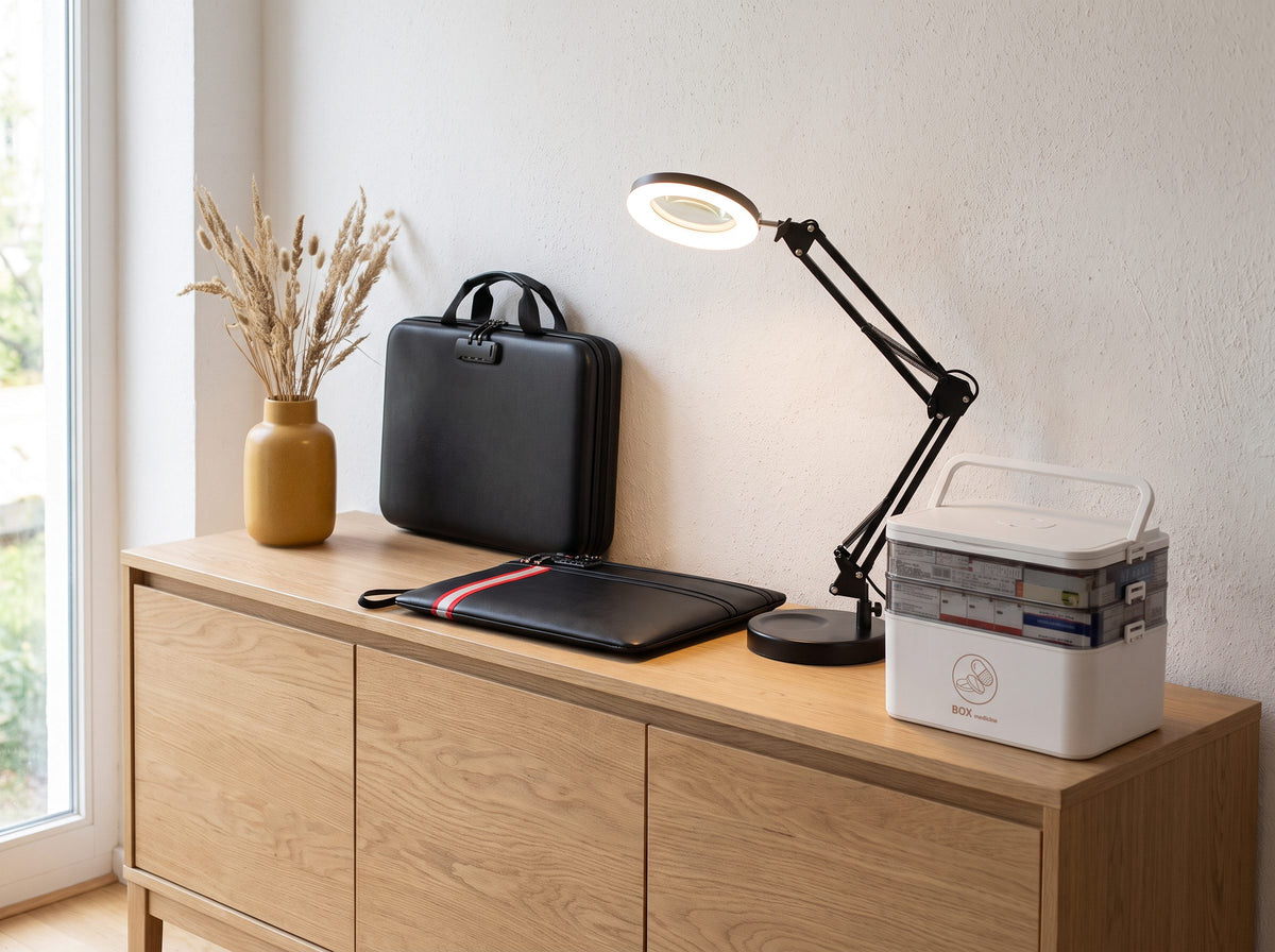Sideboard im Flur mit Dokumentenkoffer, Dokumententasche, Lupenlampe und Medikamentenbox