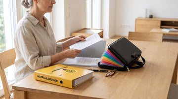 Frau sortiert Unterlagen am Esstisch, davor der Gelbe Notfallordner und ein Dokumentenkoffer mit Fächermappe