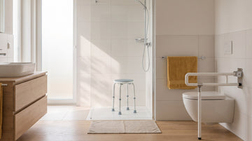 Helles Badezimmer mit drehbarem Duschhocker in der Dusche und klappbarem Stützgriff neben der Toilette
